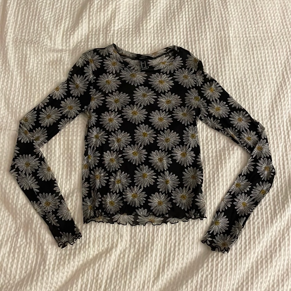 Mesh sunflower long sleeve🌻 | statement piece | lettuce hem | black pattern🖤